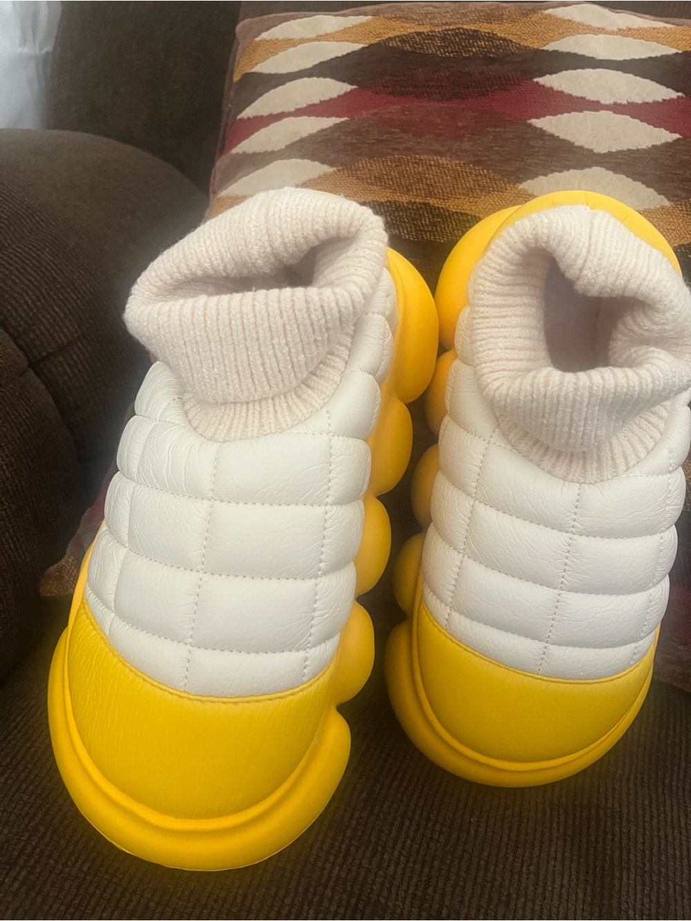 Ladies Quilted White & Yellow Slip-On Cozy Slippers - Brand